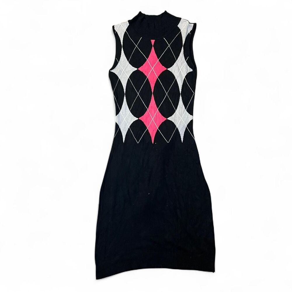 Y2K LiDYA Black Argyle Knit Sweater Dress Pink Grey Mock Neck